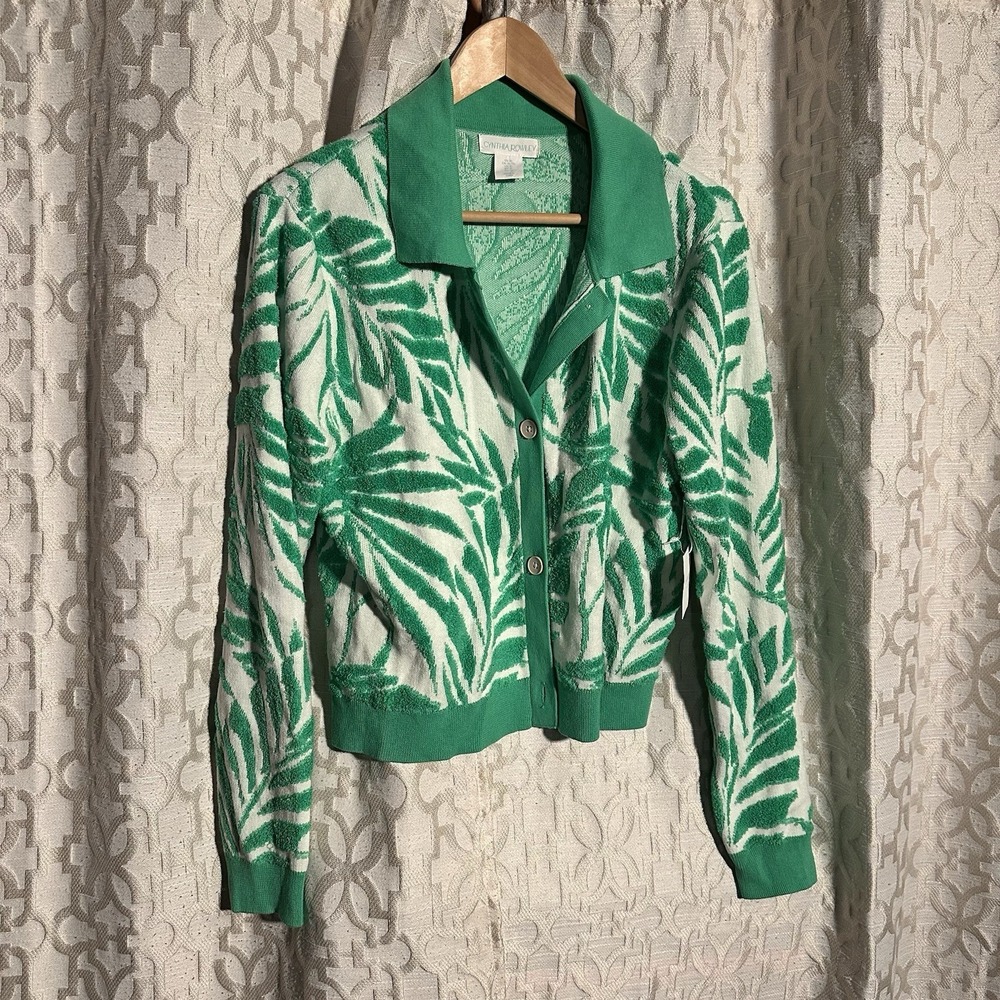 NEW Cynthia Rowley Tufted Green & White Leaf Print Short Cardigan Sweater  XL